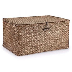 IGNPION Panier de rangement rectangulaire en jonc de mer tissé avec couvercle, panier de rangement en jonc de mer tissé pour salle de bain,Panier de rangement polyvalent (café, L) (IGNPION EU, neuf)