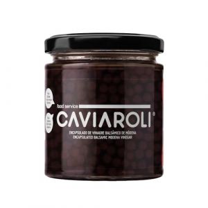 Perles de Vinaigre de Modène Gourmet pour Vinaigrette ou Décoration pot 200gs. Les sphères de vinaigre de Modène dans son intérieur liquide explosent dans la bouche lorsqu'elles sont mordues. (CAVIAROLI STORE, neuf)