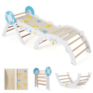 GOPLUS 7 en 1 Triangle Escalade Montesorri pour Enfants 1 Ans+, Parcours Montesorri Bebe Bois Pliable avec Arche, Rampe, Corde&Échelle, Pont, Aire de Jeux Intérieur (Capitaine|7 en 1,Blanc) (Augenstern24, neuf)