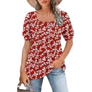 WNEEDU Tee Shirt Femme col Carr&eacute; Tunique Femme &Eacute;t&eacute; T-Shirt Manches Courtes Chemise Fluide Pliss&eacute;e Hauts Chic &Eacute;legant Ample Top Fleur Blanche Rouge L (WNEEDU EU, neuf)