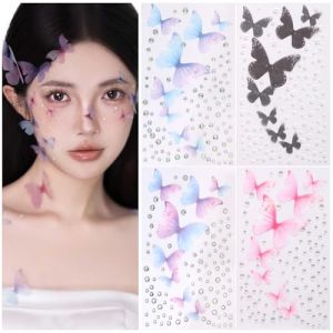 4feuilles Strass Autocollants du Visage Papillon Stickers Rond Brillant Tatouages Gemmes Paillettes Noir Bleu Violet Rose Auto-adhésif Décoration Maquillage pour Carnaval Fête Festival de Musique (ShanDongYuRui, neuf)