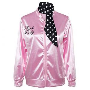 Nofonda Déguisement Femme Rose Blouson Gilet Veste Jacket Pink Graisse Fancy Dress Lady avec Foulard années 50s Halloween Costume de Fantaisie (Rose, S) (NUWIND, neuf)