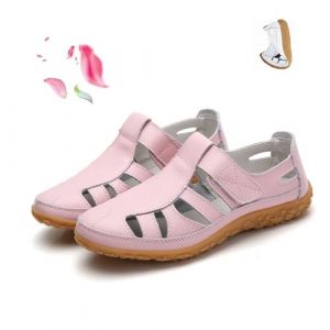 POIQZXDS Sandales rétro plates en cuir véritable antidérapant pour femme, sandales d'été à bout fermé, creux, confortables, douces et réglables avec sangle de cheville (rose, 38) (fuduoduo、, neuf)