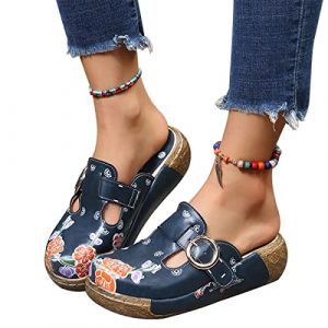 Osheoiso Sandales Chaussures Plateforme Plate Femme Sandales Été Vintage Sabots Chaussures Casual Fille Chaussures De Plage Bout Fermé Pantoufles en Liège A Marine 38 EU (aodongou, neuf)