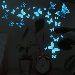 BSITSSS 29 Pièces Stickers Muraux Lumineux, Papillons Autocollants, Bleu Papillon Fluorescent pour Chambre D'enfant et à Coucher (BSITSSS, neuf)