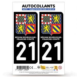 Autocollant Plaque Immatriculation 2 Stickers d&eacute;partement 21 C&ocirc;te-d'or - Bourgogne-Franche-Comt&eacute; II en Version : Fond Noir - 9,8 x 4,5 cm Angles Arrondis (blasonimmat, neuf)