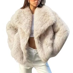 Manteau en fausse fourrure pour femme veste en fausse fourrure moelleuse &agrave; manches longues revers vestes d'hiver en fourrure shaggy parka manteau court (Beige,S) (Weizhenkeji, neuf)