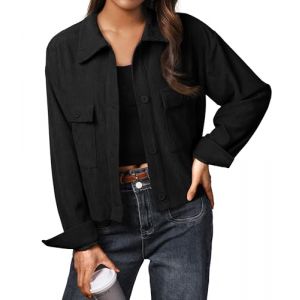 IWOLLENCE Veste en velours c&ocirc;tel&eacute; pour femme - Veste-chemise - Chemise en velours c&ocirc;tel&eacute; - Veste courte - Manches longues - Revers - Boutonnage - Manteau shacket, Noir , XXL (IWOLLENCE FR, neuf)