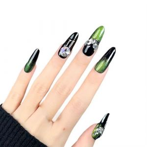 KEMKEY Ongles vert foncé, vent d'Europe et des États-Unis, vêtements faits à la main, long paragraphe ovale, diamants brisés, éclat, Flash, Nail Art amovible(S) (XXFFD, neuf)