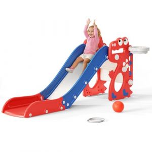 Toboggan pour Enfants, Toboggan Pliable 3 en 1, avec Panier de Basket, Basket-Ball, Lancer d'anneaux, pour Les 18 à 36 Mois, Toboggan Extra Long H650 x L330 x P1520 mm (Bleu-Rouge) (KONTAXIS-PANAGIOTIS, neuf)
