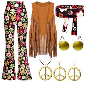 Generisch Robe pour femme, costume hippie, voyage dans le temps, tenue de batteur pour femme, fête à thème des années 70, costume hippie pour femme, tenue de combat, costume de carnaval pour femme, (Marioues, neuf)