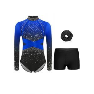 RUNQHUI Fille 3 Pi&egrave;ces Ensemble Gymnastique Justaucorps Manches Longues avec Short et Bandeau des Cheveux Tenue Gymnastique Strass pour Comp&eacute;tition Spectacle A Bleu 9-10 ans (RUNQHUI, neuf)