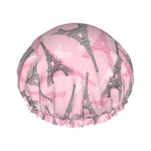 Bonnet de douche pour douche - Tour Eiffel rose double couche r&eacute;utilisable et imperm&eacute;able - Grand bonnet de douche pour femme avec doublure en PEVA et corde &eacute;lastique (Vosery, neuf)