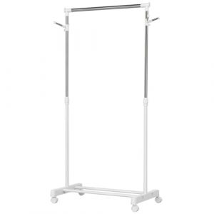 HOMCOM Portant à vêtements, porte-manteau sur roulettes avec hauteur réglable, penderie vêtement en acier support à chaussures et crochets latéraux, 68,5 x 42 x 87-145 cm, blanc (Aosom FR, neuf)