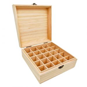 Anktily Boîte de rangement en bois brut avec 25 compartiments, 18,5 x 18,5 x 8,5 cm, boîte en bois brut avec fermoir pour petits souvenirs, bijoux, sachets de thé (Anktily, neuf)