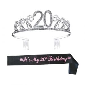 BIUDECO Couronne Anniversaire 20 Ans Peigne &agrave; Cheveux en Cristal &Eacute;charpe D&eacute;corative de F&ecirc;te 20 Ans Ceinture D&rsquo;&Eacute;tiquette D&rsquo;Anniversaire Accessoire L&eacute;ger et Solide pour C&eacute;l&eacute;brations (XUETN, neuf)