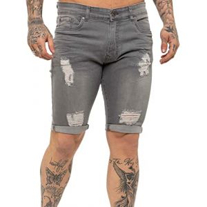 989Zé ENZO Short en Jean Stretch Slim fit pour Homme, Jean troué, Pantalon à Trous cassés avec Fermeture éclair EZS383 Gris 32 (RAW DENIM, neuf)