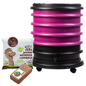WORMbox | Lombricomposteur 4 Plateaux Framboise + 500gr de vers de Compost + 1 Bloc Coco | 64 litres | Compostez Vos d&eacute;chets organiques, Les vers de Terre/lombrics produisent du lombricompost (Ferme du Moutta, neuf)