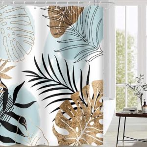 Uiiooazy Rideau Douche Anti Moisissure, Rideau Douche 180x200cm Bleu Ciel Tropical Feuilles de Palmier Abstrait Jungle Rideaux de Baignoire Tissu Lavable Imperm&eacute;able Rideaux de Bain avec 12 Crochets (dongguibinjingpinxiaodianpu, neuf)