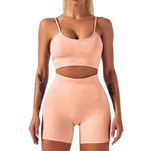 HANERDUN 2 PCS Vêtement de Sport pour Femme Ensembles Soutien-Gorge Sport Legging Taille Haute Shorts Fitness Dans Couture Sportswear de Yoga, Orange, L (AYOZI, neuf)