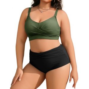 Tuopuda Maillot de Bain Gainant Ventre Plat Deux Pièces Ensembles Bikini Set 2 Pieces Couleurs Unies Haut de Maillot de Bain avec Culotte Taille Haute Swimsuit, Vert+Noir, 4XL (GHF-Direct, neuf)