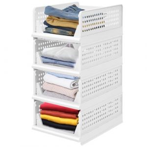 WODFARR Organisateur Armoire Vetement 4 Pcs Organisateur Tiroir Empilable Rangement Dressing Organisateur Plastique Boîtes de Rangement pour Armoire et Dressing (Blanc, 33.5x43x58 cm) (hlang EU, neuf)