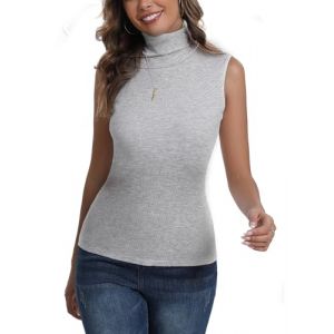 Pull Col Roulé Femme sans Manche Body Tricot Léger Tee Shirt Ajusté Moderne Col Montant sous Pull Basique Pullover Laine Top Haut Vintage Chic Hiver Automne Printemps Confortable Classique Gris M (ANXINDA, neuf)