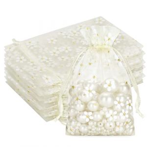 G2PLUS Sachet Organza Beige aux Marguerites: Pochette Organza 10x15 cm, 30 Pi&egrave;ces Sac &agrave; Bijoux Id&eacute;aux pour les Drag&eacute;es, Mariages, Bapt&ecirc;me et Anniversaires (BIGGER, neuf)