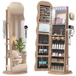 LVSOMT Armoire à bijoux LED avec Miroir Ondulé, Rotative à 360° Armoire à bijoux Verrouillable, Armoire Miroir Debout pour Salon et Chambre à coucher, étagère à 3 niveaux et 3 crochets, Bois Naturel (lvsomt, neuf)