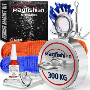 MAGFISHION Aimant Neodyme Puissant - Traction de 150KG - Aimant de P&ecirc;che - &Oslash;60mm - Peche a l'aimant avec 2 Cordes, Crochet Triple et Gants - Kit de P&ecirc;che Super Magn&eacute;tique (AWEMOZ, neuf)