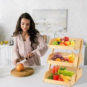 HUOLE Support &agrave; Panier de Fruits Rangement en Bois pour Les l&eacute;gumes pour Plan de Travail de Cuisine Support de Corbeille &agrave; Fruits en Bois &agrave; 3 &eacute;tages, pour Fruits, L&eacute;gumes, Pain, collations (Hechheu, neuf)