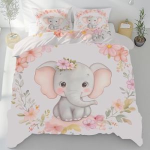 Éléphant Aquarelle Housse de Couette Fleurs De Dessin Animé Douce et Respirante, Parure de Lit Mignon Éléphant 220x240 cm avec Fermeture Éclair, 2 Personnes 2 Taies d'oreiller 65x65 cm (XIangchengshiluomaishangmaoyouxiangongsi, neuf)