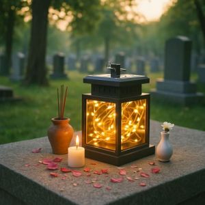 Lanterne fun&eacute;raire r&eacute;sistante aux intemp&eacute;ries pour cimeti&egrave;re, lanterne solaire pour jardin de tombe, lampe fun&eacute;raire pour tombe d'urne, lanternes fun&eacute;raires noires avec bougies LED, petit photophore (Lergas EU, neuf)