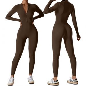HOMDECR Combinaison Femme Sport Yoga Jumpsuit Sexy Moulante Vetement De Sport Manches Longues Body De Yoga Tirette C&ocirc;tel&eacute; Tenue D'entra&icirc;nement Combinaison Une Pi&egrave;ces (Couleur caf&eacute;,S) (HOMDECR, neuf)