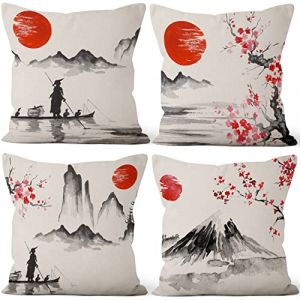 Aoihrraan 46x46cm Lot de 4 Japonais Housse de Coussin Rouge Soleil Noir Et Blanc Paysage Mont Fuji Lin De Coussincarré Taie d'oreiller Été Decoration Taverne Japonaise Maison Décor Canapé Tatami (UiuiO, neuf)