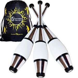 3X Euro Pro Massues De Jonglage (12 Options de Couleur/Metallic Déco) Massue Pro à Jongler. Formation Jonglerie Massues + Flames N Games Sac de Voyage! (Argent) (Juggle World - Specialist Juggling Store, neuf)