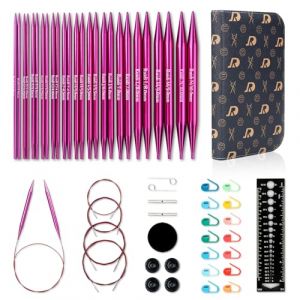 RUIDI Kit d'Aiguilles &agrave; Tricoter, Aiguilles Circulaires Interchangeables en Aluminium avec &Eacute;tui et Accessoires, 13 Paires d'Aiguilles Circulaires (13cm), tailles 2,75mm &agrave; 10mm (Fuchsia) (Goule, neuf)