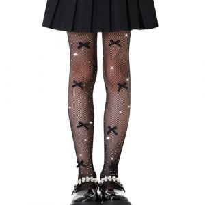 LOLANTA 2-Pack Collants Résille Filles, Collants Strass Étincelants pour Enfants Bas de Concours de Danse, Nœud noir scintillant, 8-13 ans, XL (LOLANTA, neuf)