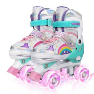 Rainbow Patins à roulettes pour Filles Enfants avec Roues Lumineux, Réglables Rollers Skates Quad pour Filles Garçon Débutants Cadeau de Noël d'anniversaire (M (EU 32~35)) (pipiz, neuf)