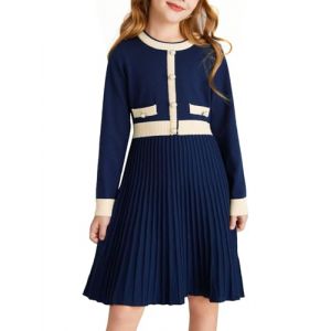 GRACE KARIN Robe en tricot &agrave; manches longues pour fille Princesse &Eacute;l&eacute;gante Col rond Robe festive pour mariage hiver Robe pull, bleu marine, 6-7 ans (Claroine EU, neuf)