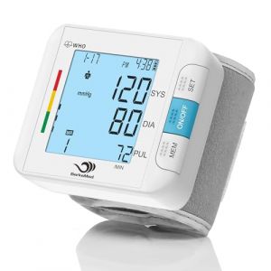 BerkeMed Tensiometre Poignet, pour la surveillance de la tension et fréquence cardiaque à domicile.Brassard ajustable 22-32cm, LED Écran Rétroéclairé, 2x99 Mémoire（Blanc） (BerkeMed, neuf)