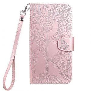 Aisenth Coque pour iPhone 5/iPhone 5S, Arbre de Vie Papillon Motif Housse Case en Cuir Synthétique à Rabat, Portefeuille Étui de Protection avec Fentes pour Cartes, Fonction de Support, Or Rose (Aisensi, neuf)