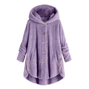 KHIRVWL Veste D'hiver En Polaire R&eacute;versible Pour Femme - Manteau En Laine Boutonn&eacute;e - Manteau D'hiver &agrave; Capuche- Blouson Pelucheuse Avec Poche - Outerwear De Couleur Unie De Pyjama (KHIRVWL-FR, neuf)
