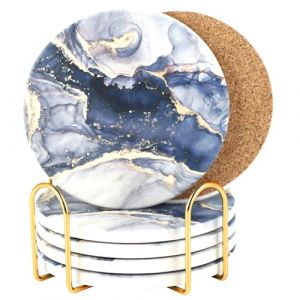 Dessous De Verre - Lot De 6 sous-Verres - Absorbants Coasters - Fond Antidérapant - Absorption Rapide D’Eau - avec Support (Motif marbre Bleu - Lot de 6) (JTcymstore, neuf)