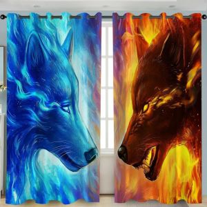 ZZTBQ Motif Loup Lot de 2 Rideaux Occultants, 3D Animaux Imprim&eacute; Rideau Thermique Isolant Anti Froid, 75x166, Rideau Occultant avec &OElig;illets - Rideau Fenetre (ZZTBQ, neuf)