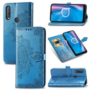 XFDSFDL® Cas de pour Alcatel 1S 5028D 2020 (6,22 Pouces) PU Cuir Housse Flip Coque Gaufrage Mandala Motif avec Stand Magnétique Fermeture Portefeuille Étui de Protection, Bleu (LingDan, neuf)