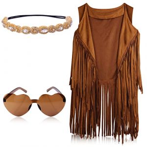 KINBOM Ensemble de Costume Hippie Femme Ann&eacute;e 70 et 60, V&ecirc;tements de Costume Hippie Chic Femme Boh&egrave;me et Accessoires Gilet &agrave; Franges Bandeau Lunettes de Soleil Coeur pour Femme (M) (Beisong, neuf)