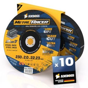 Disque a tronconner 230 metal (10 pièces) - Ø230x2x22.23mm - Disque a tronconneuse metaux Metal Racer by AMBOSS WERKZEUGE - Disque meuleuse 230 pour acier, acier inoxydable et meuleuse angulaire (Sawblade King, neuf)