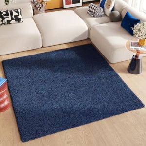 TAPISO Essence Carré Tapis Shaggy Poils Longs Moderne Bleu Marine Uni Tapis Salon Chambre Adulte Enfant Descente de Lit Moelleux Super Soft Epais Oeko-TEX 120 x 120 cm (TAPISO-FR, neuf)
