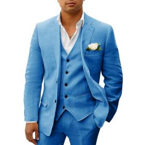 HUUTOE Costume 3 pi&egrave;ces en lin pour homme - Pour la plage, les mariages, les gar&ccedil;ons d'honneur - Costume d'&eacute;t&eacute; d&eacute;contract&eacute; - Blazer en lin - Gilet et pantalon de smoking, bleu, Taille 3XL (NicetomeeeU, neuf)